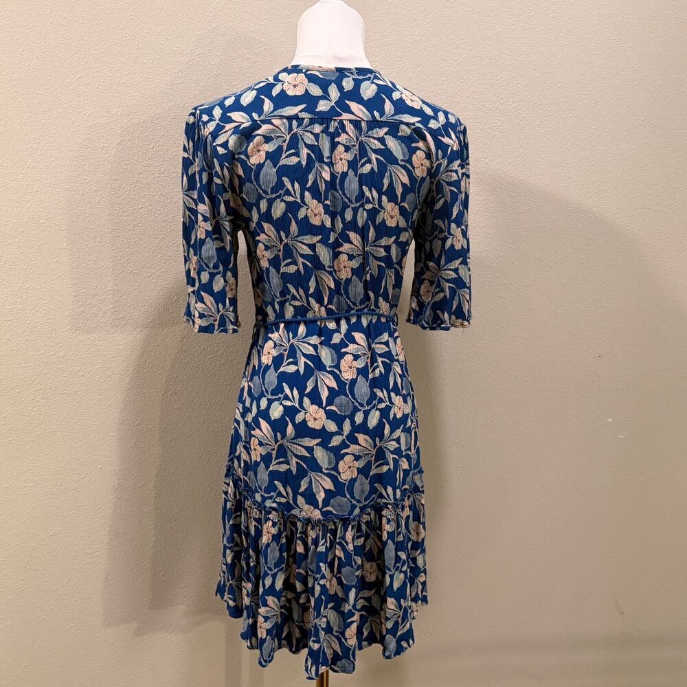 Faherty Orinda Floral Blue Crepe Mini Dress XS Boho Cottage Tassel 3/4 Sleeves - Picture 3 of 9